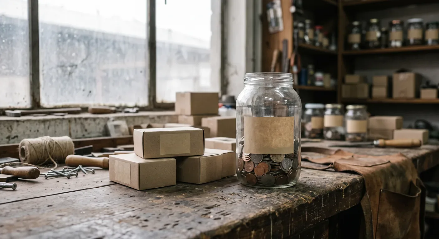 frasco de vidrio con monedas junto a cajas de productos que representa la liquidez del negocio