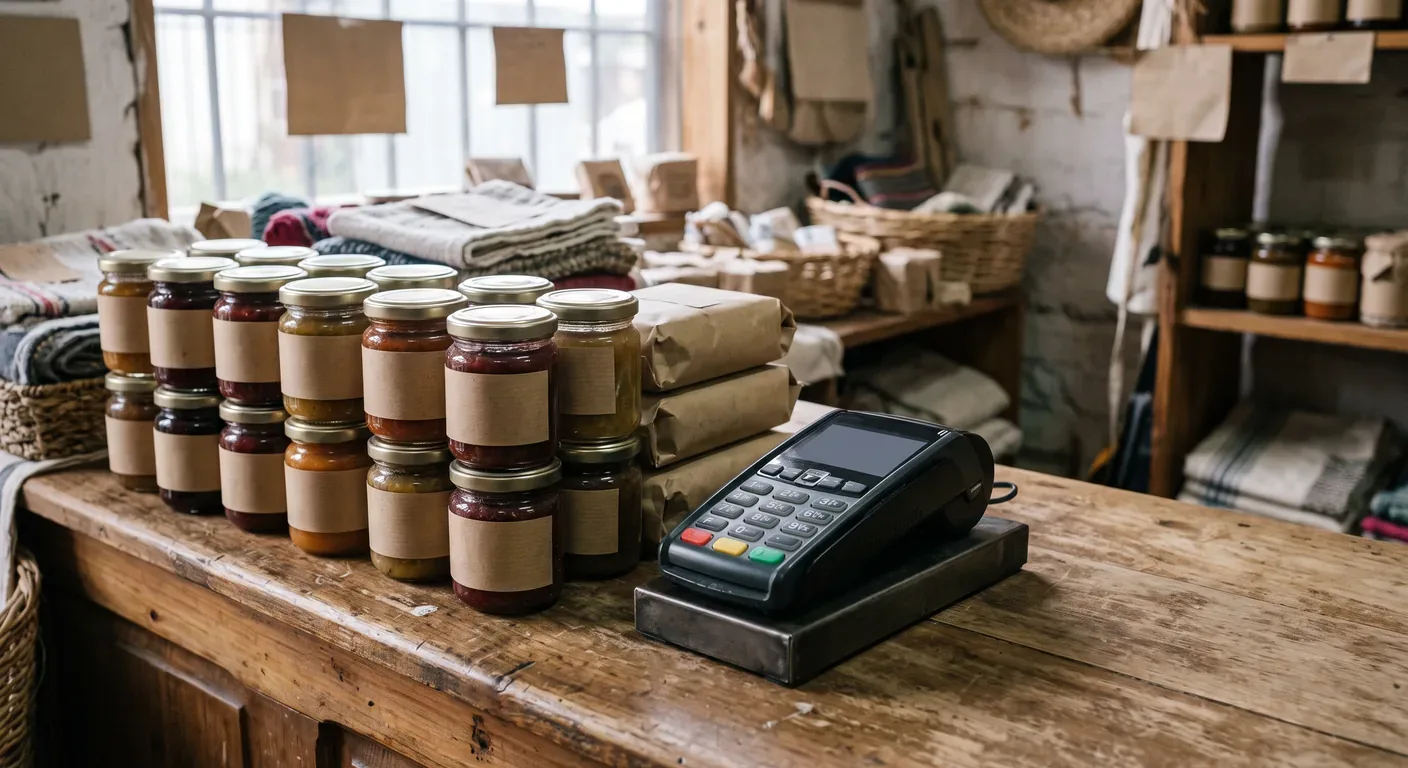 máquina de pago apagada junto a productos artesanales sobre el mostrador de una tienda de barrio