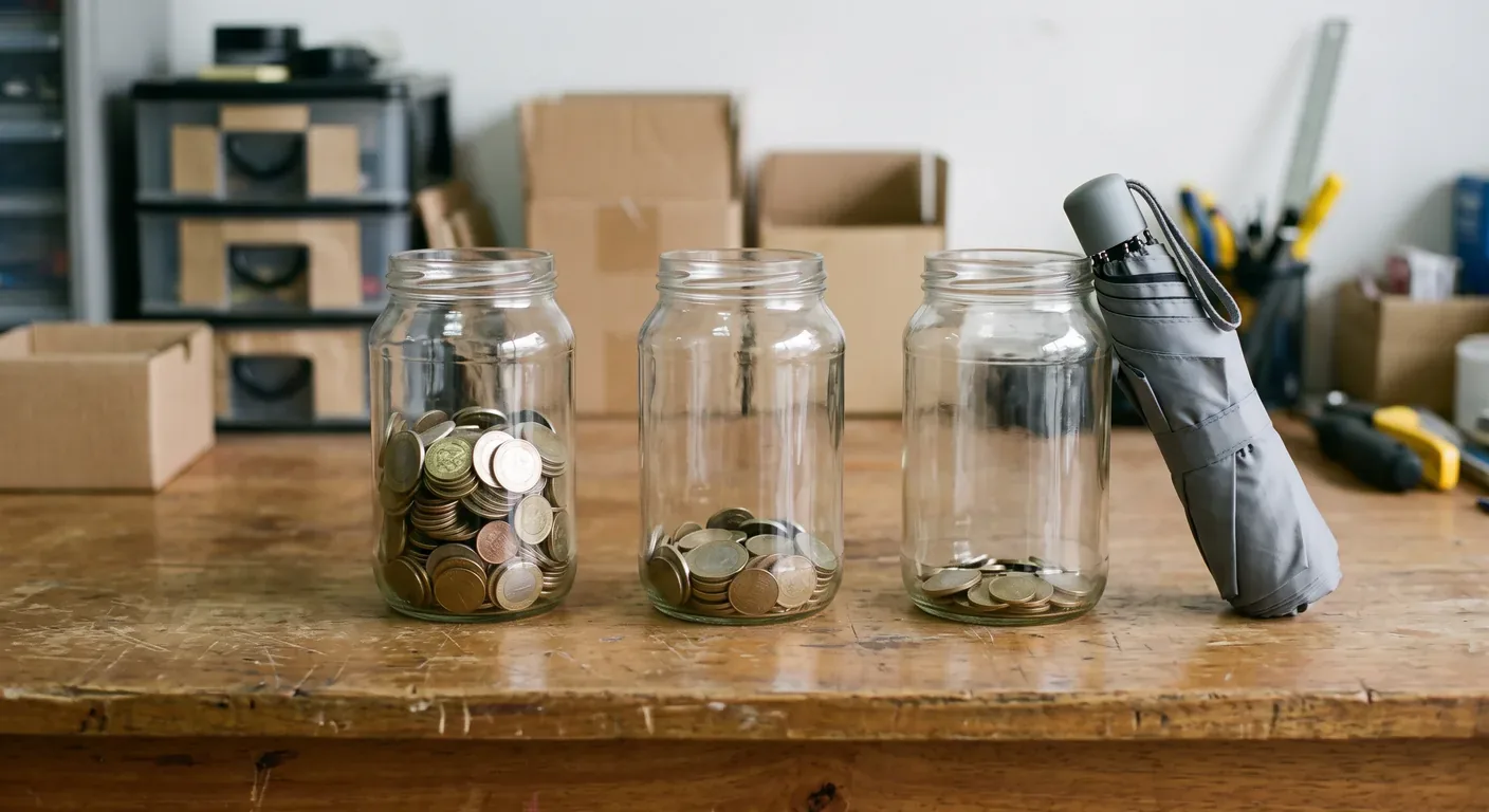 Tres frascos con cada vez menos monedas y un paraguas al lado, como una proyección prudente de caja a tres meses