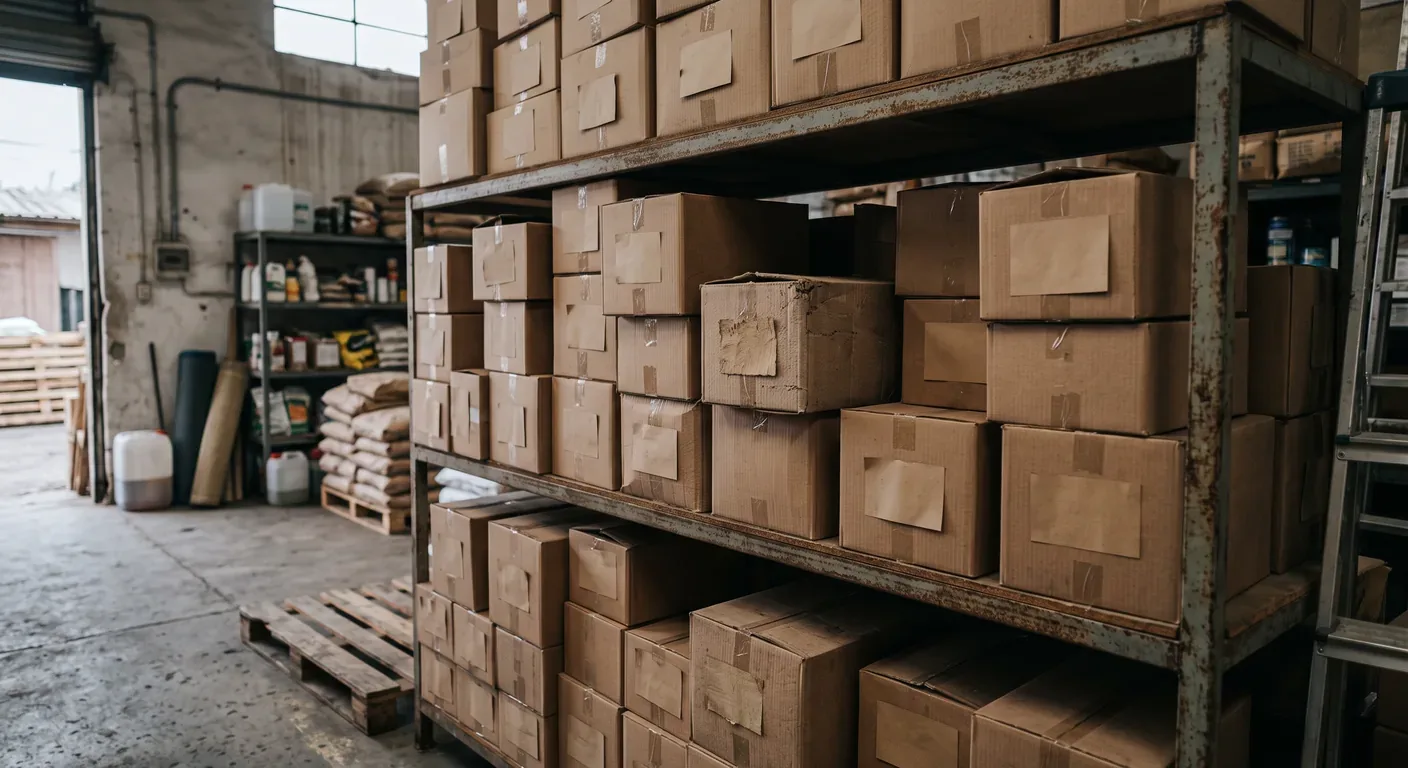 repisa de bodega con stock acumulado de productos sin vender