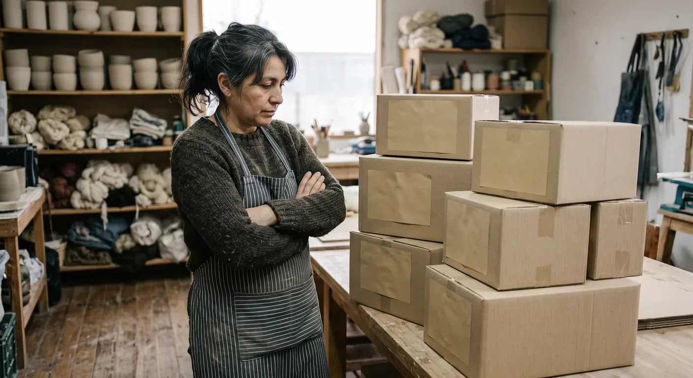 Emprendedora en su taller junto a cajas de pedidos, pensando en cuándo entrará la plata de sus ventas