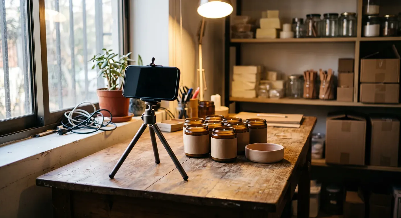 celular en un trípode pequeño enfocando velas artesanales sobre una mesa de madera junto a la ventana
