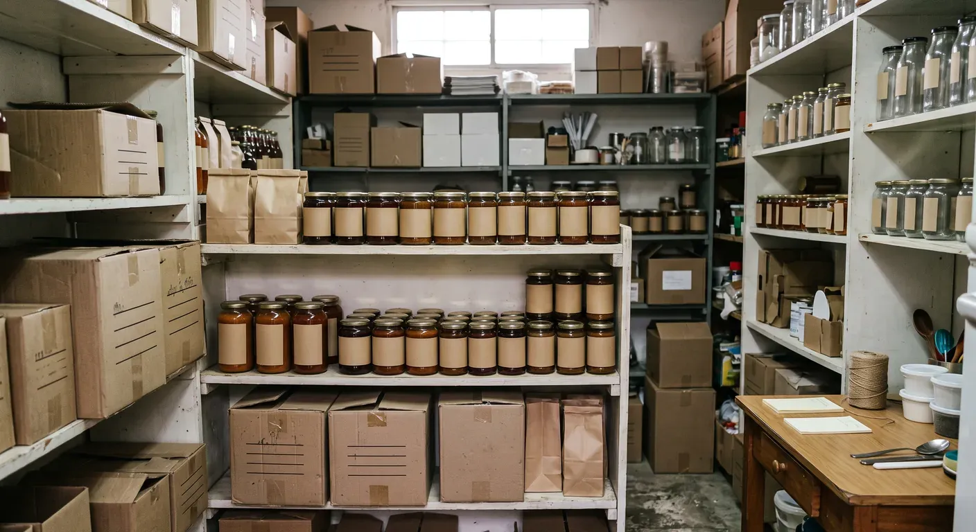 bodega pequeña de un emprendimiento organizada con cajas y productos listos para despachar