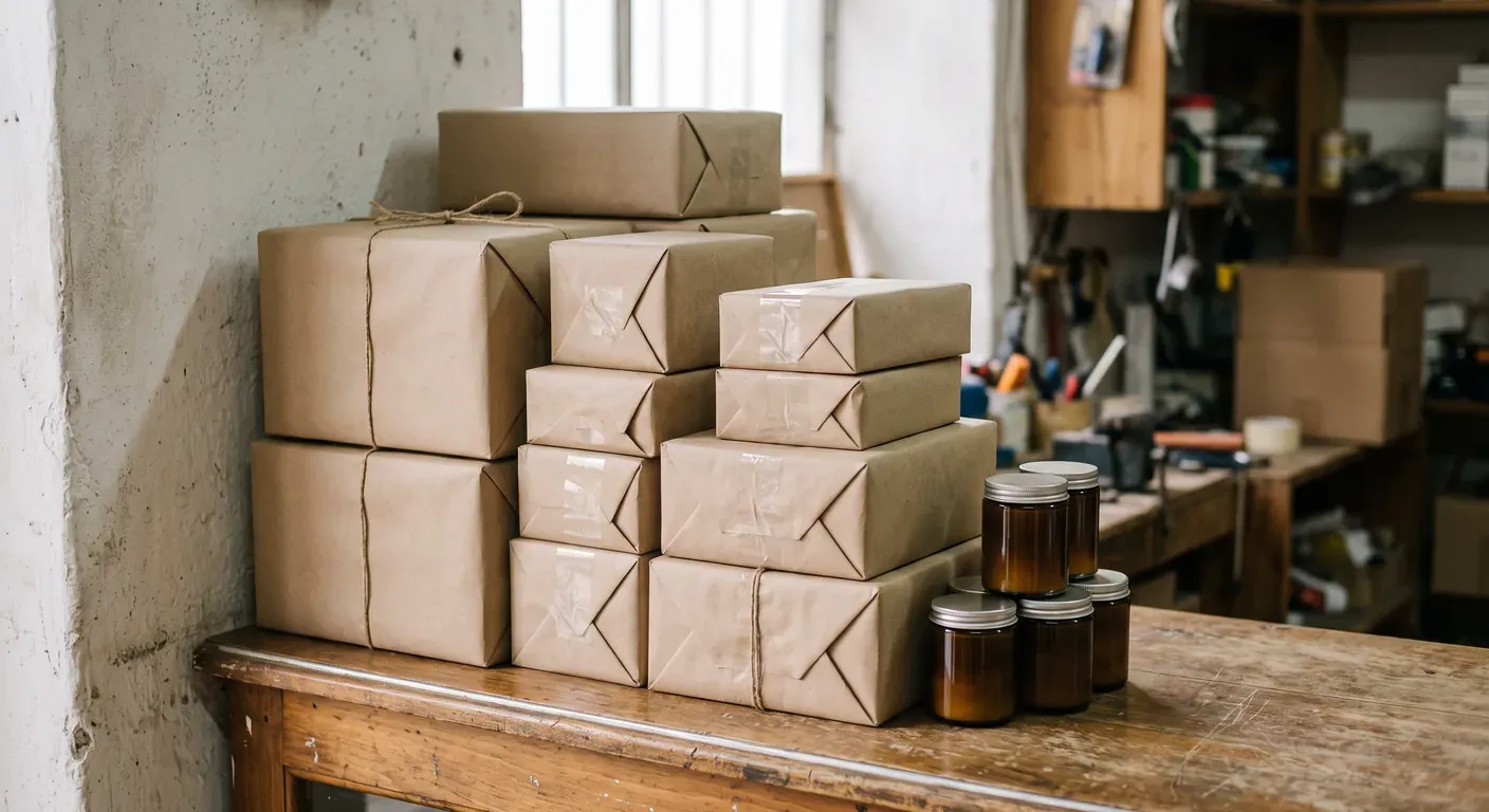 paquetes de productos listos para retiro apilados sobre un mostrador