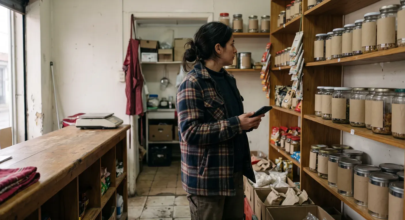 vendedora en tienda de abarrotes revisando su celular entre estantes con frascos