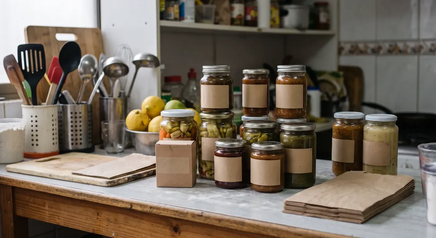 productos de un emprendimiento gastronómico agrupados en combo sobre un mesón de cocina