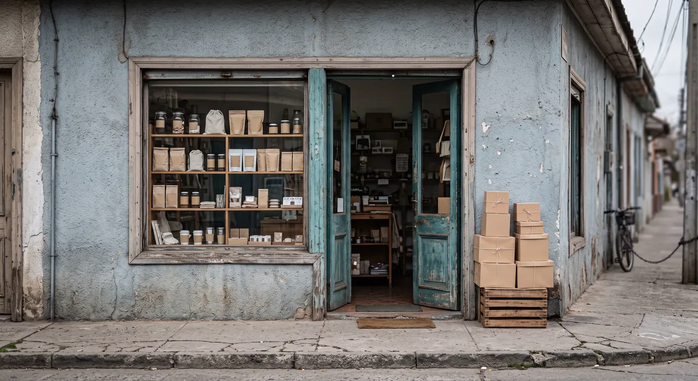 entrada de un local de barrio con productos en la vidriera y cajas de regalo listas para la temporada de ofertas