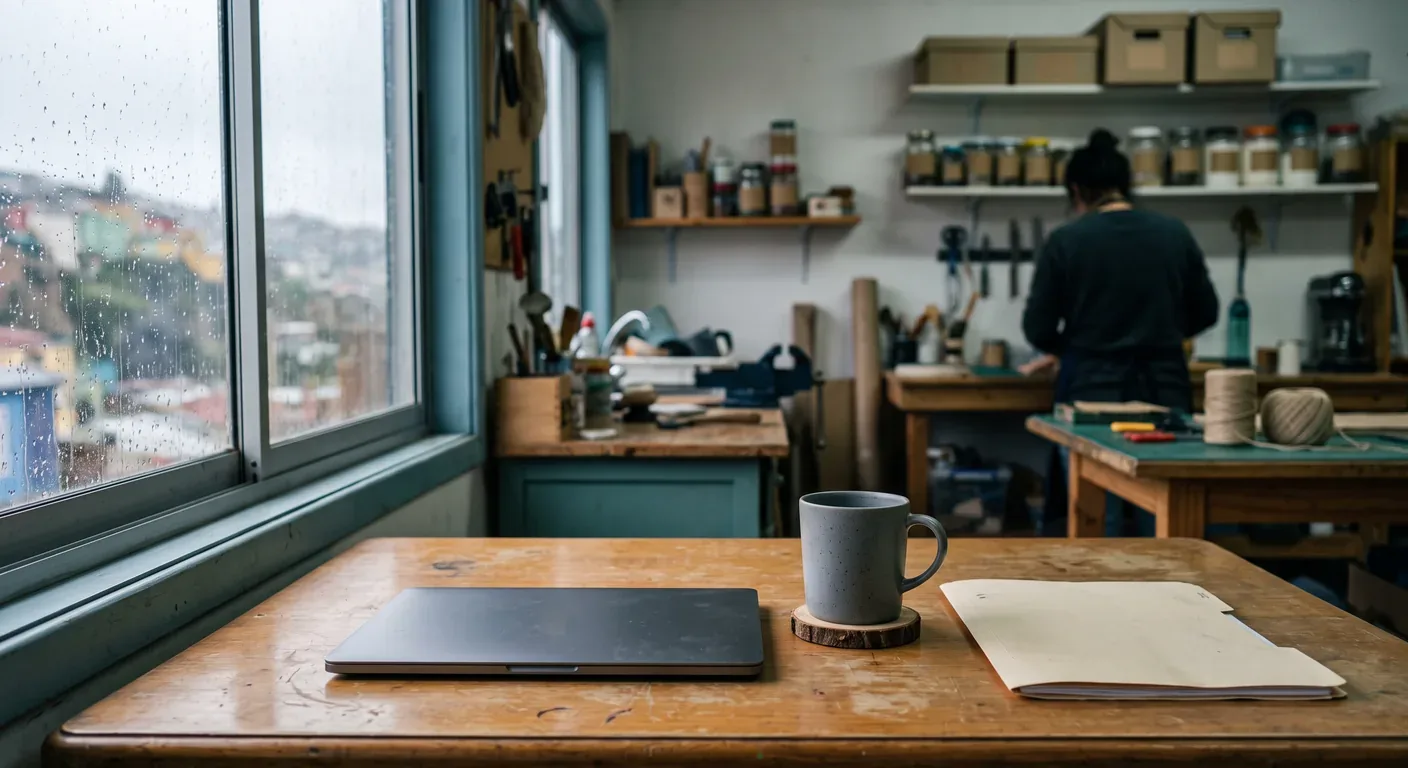 Mesa de taller con notebook cerrado, café y carpeta de documentos lista para iniciar un trámite en línea