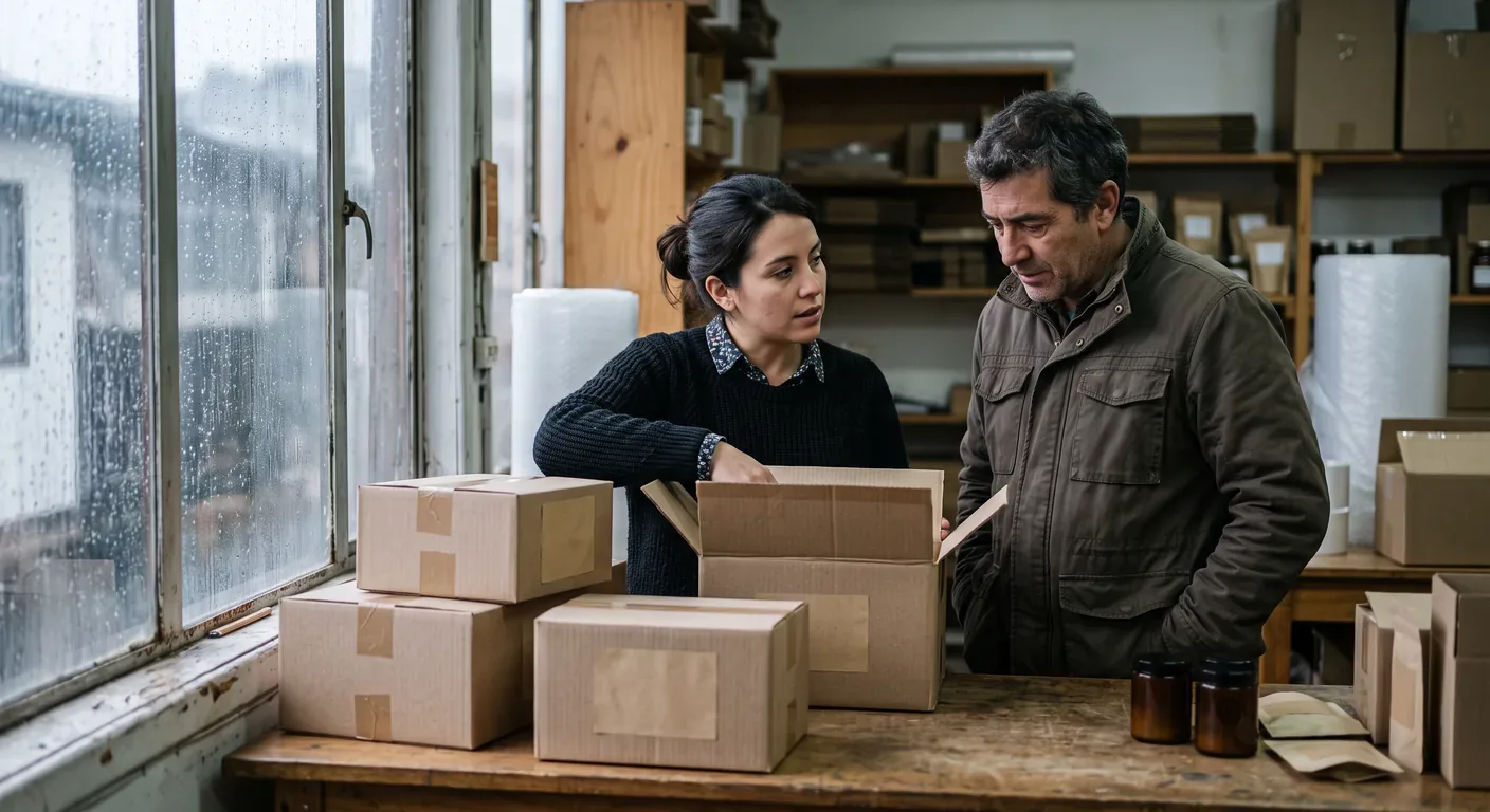Dos socios conversando junto a cajas de pedidos recién embaladas en su taller