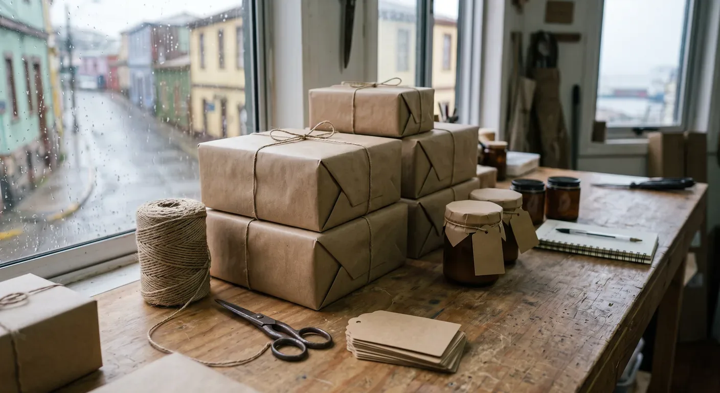 Cajas de pedidos recién embaladas sobre el mesón de un taller casero, listas para despacho