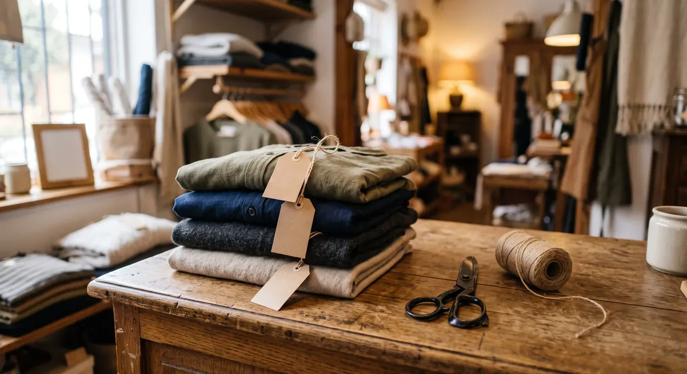 Prendas dobladas con etiquetas de precio en blanco sobre el mesón de una tienda de ropa, listas para fijar su precio