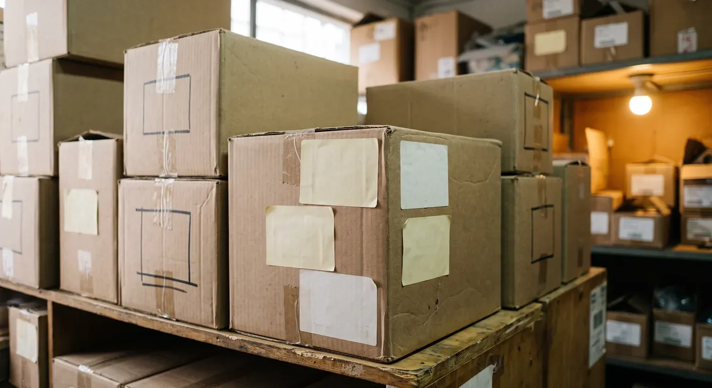 Cajas de empaque apiladas en la bodega de una pyme lista para despachar pedidos