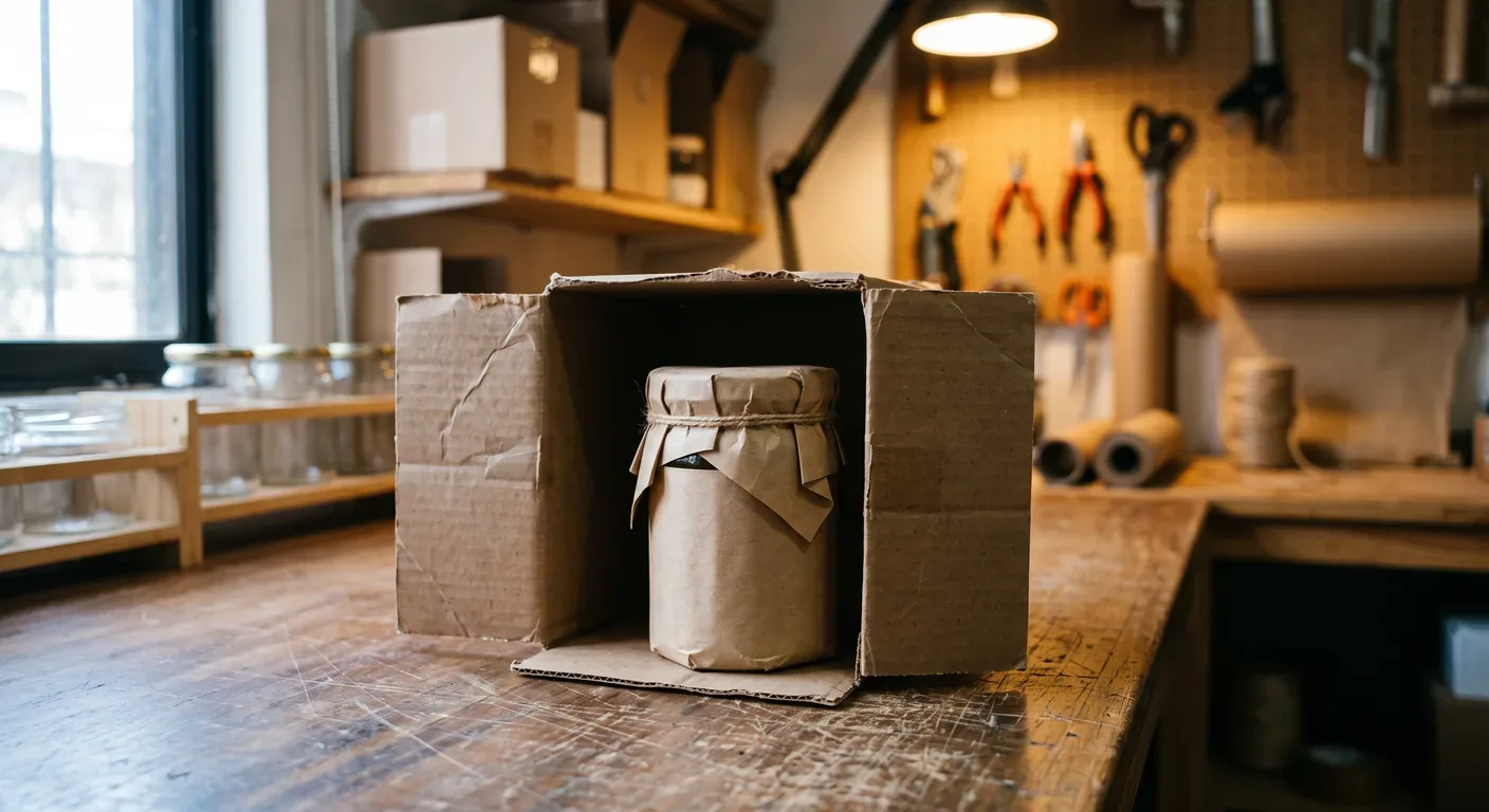 caja de cartón abierta con un frasco envuelto en papel kraft sobre mesón de trabajo, listo para devolución