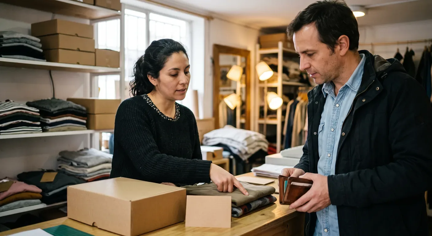 emprendedora explica las condiciones de compra a un cliente antes del pago en el mostrador de su tienda